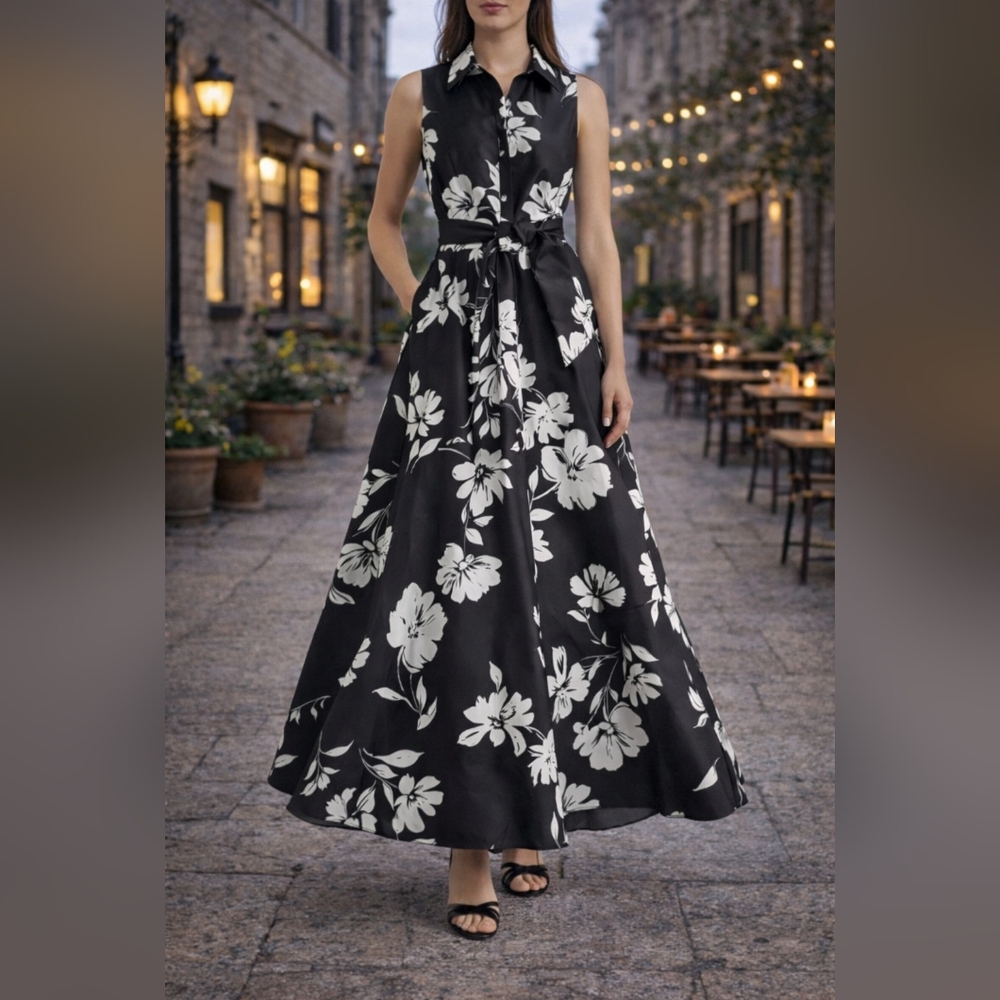 Julia Jordan Black & White Floral Maxi Dress 10 – Elegant A-Line Sleeveless Gown